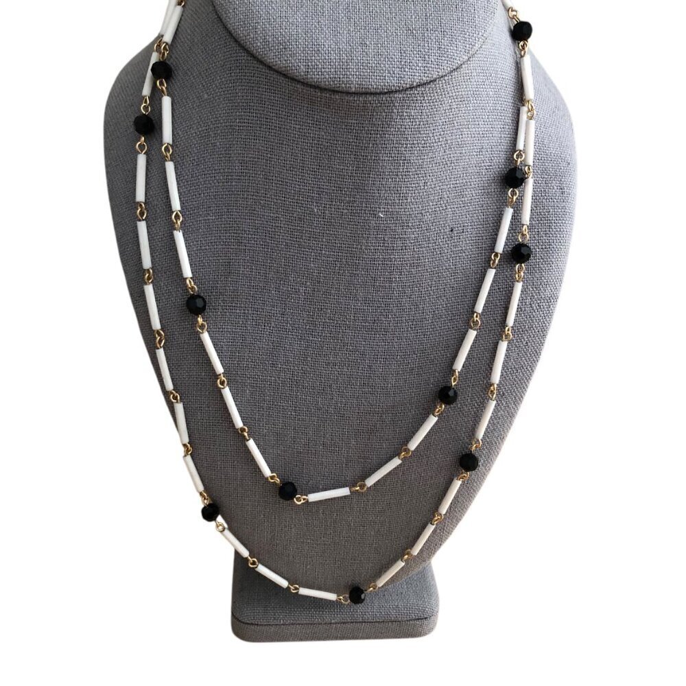 White Tube Beads & Black Glass Jet Bead Opera Length Necklace